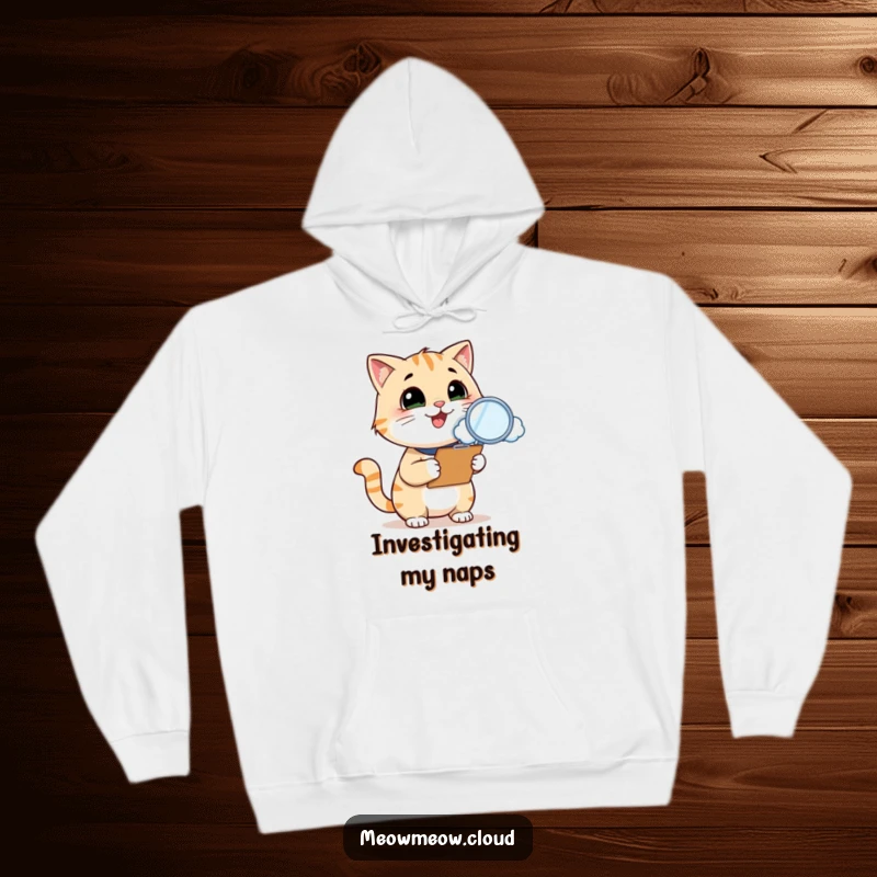 Funny cat inspector hoodie, a smiling cat with a clipboard and magnifying glass inspects a cloud, ideal for cozy and curious wear.