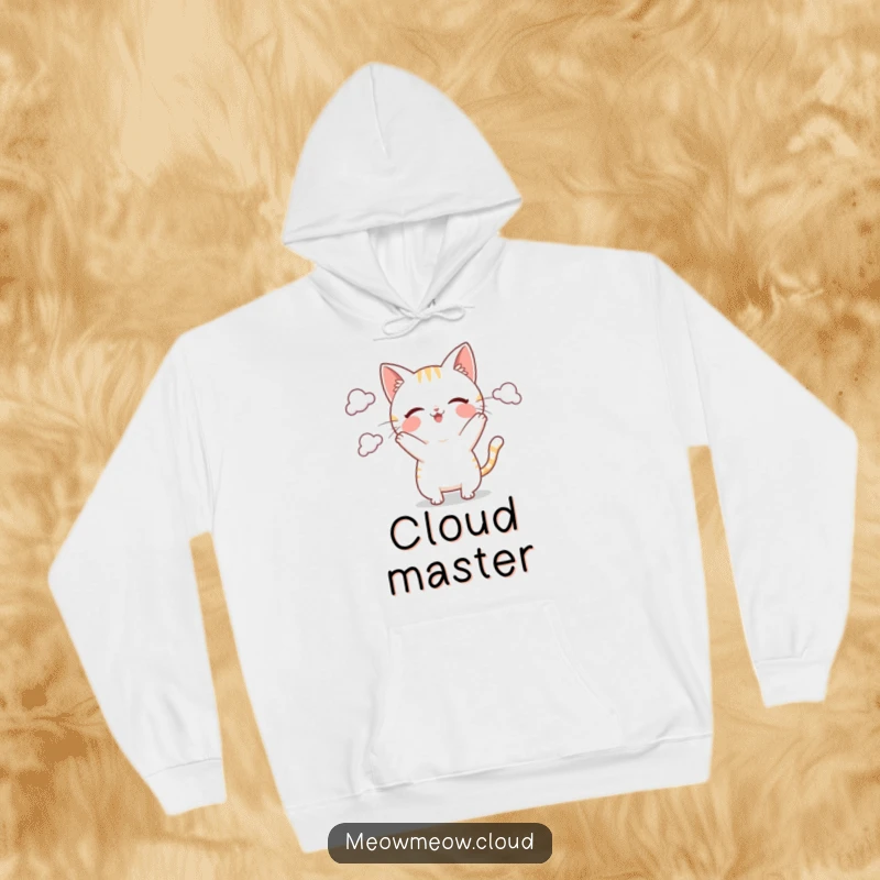 Funny Hoodie featuring a playful cat character juggling clouds, symbolizing carefree joy and imaginative play.