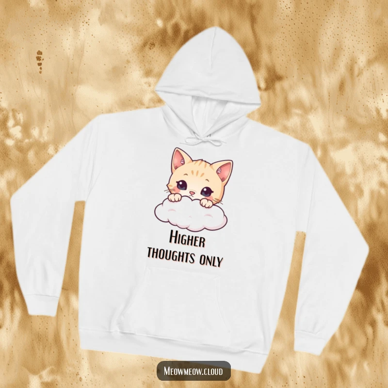 Funny cat hoodie depicting a curious feline investigating the world from the edge of a soft, fluffy cloud.