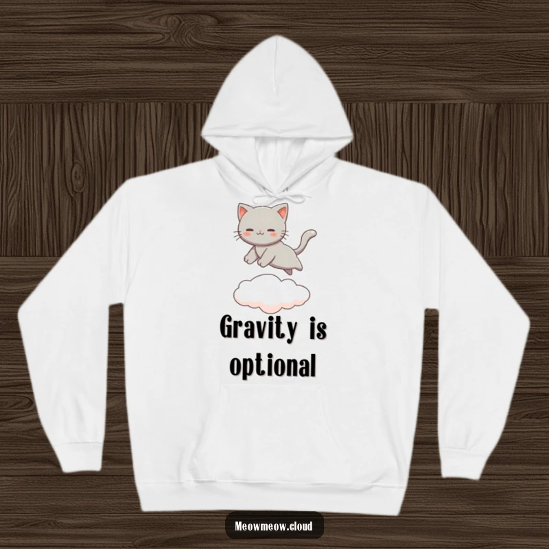 Funny Gray Cat Hoodie depicting a cat in mid-leap between clouds, embodying agility and grace. Soft and warm casual wear.