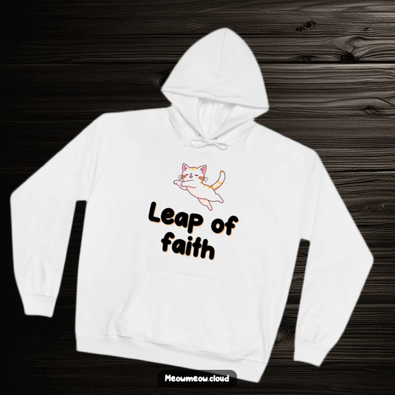 Funny cat in a graceful mid-air leap, designed on a cozy hoodie, celebrating agility and movement.
