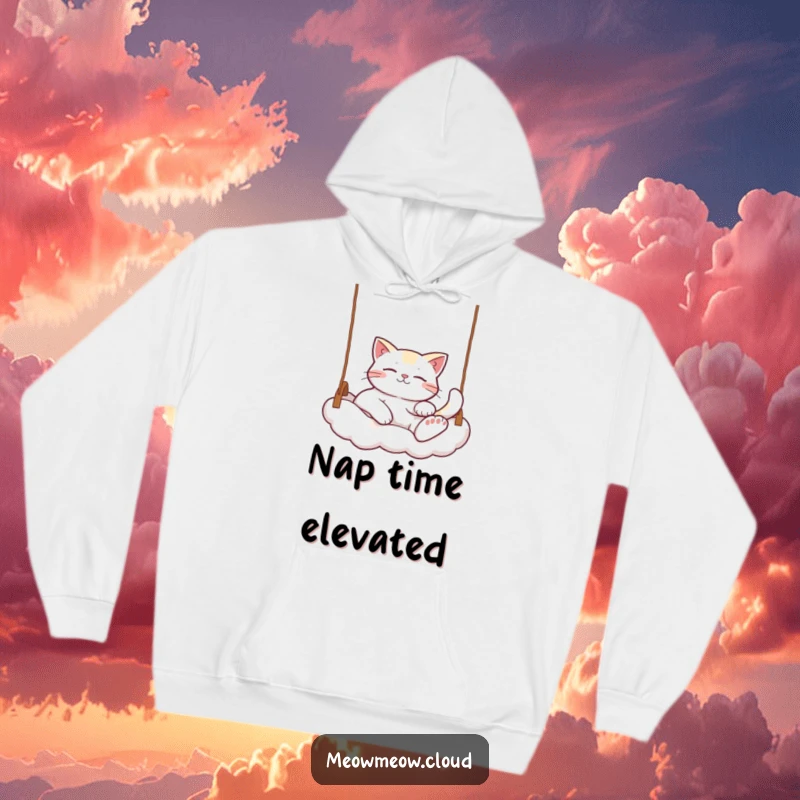 Funny Relaxed Cat Hoodie: A comfortable hoodie showcasing a relaxed cat lounging on a cloud swing, offering warmth and peaceful, funny vibes.