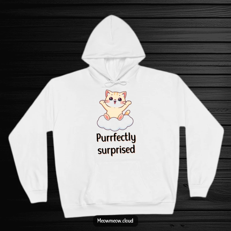 Funny hoodie with a surprised cat making a snow angel on a cloud, perfect for cozying up with whimsical pet-themed humor.