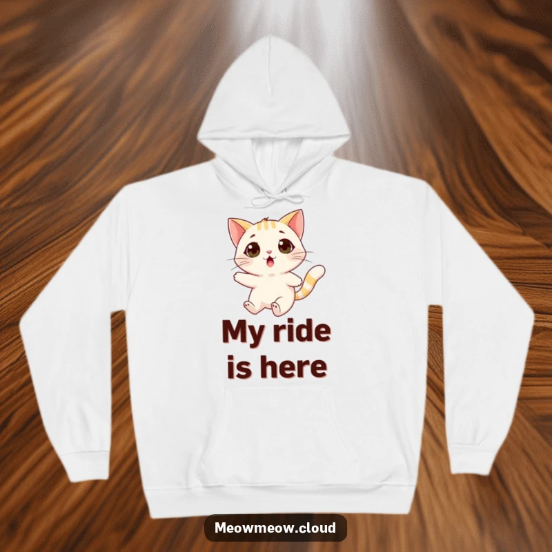 Funny surprised cat hoodie showing a cat being carried aloft by a friendly wind gust, perfect for cozying up.