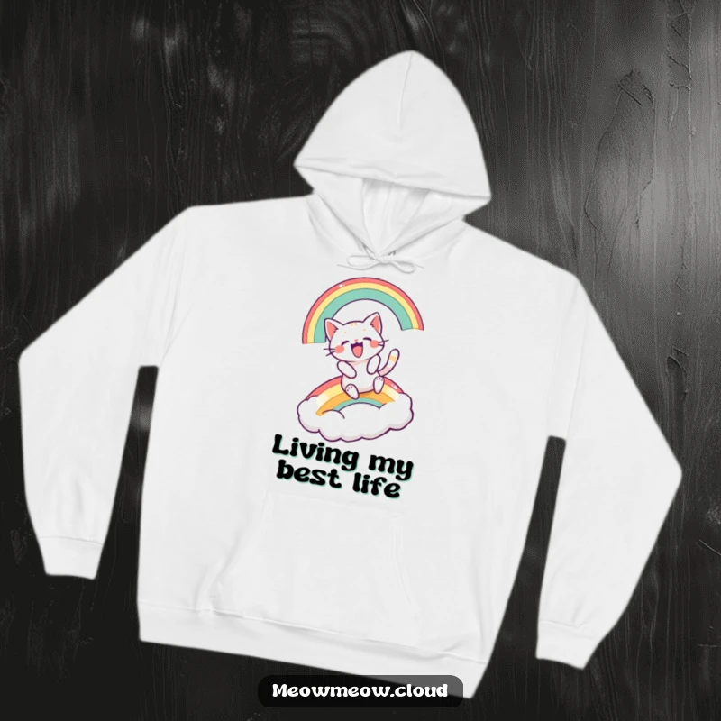 Funny hoodie with an excited cartoon cat speeding down a bright rainbow onto a cloud.