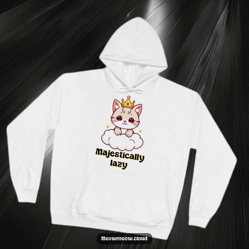 Funny Cat King Hoodie depicting a cute cat wearing a tiny crown, ruling a cloud kingdom with an air of authority. Comfortable royal wear.