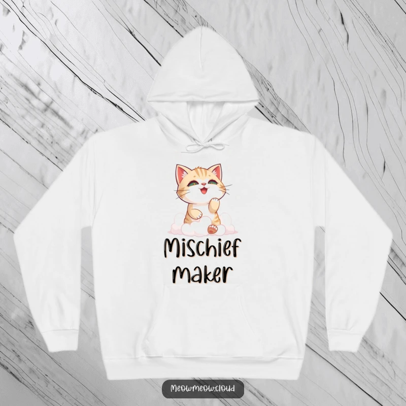 Funny cat playing with fluffy clouds, designed on a warm hoodie, embodying playful spirit and comfort.