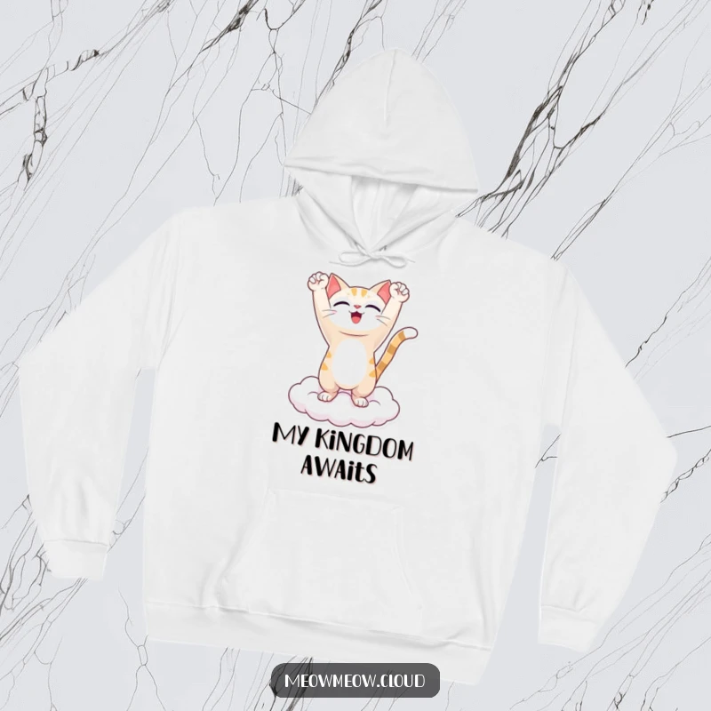 Funny hoodie showcasing a triumphant cat character perched on a cloud, arms raised in a gesture of ultimate victory and feline pride.