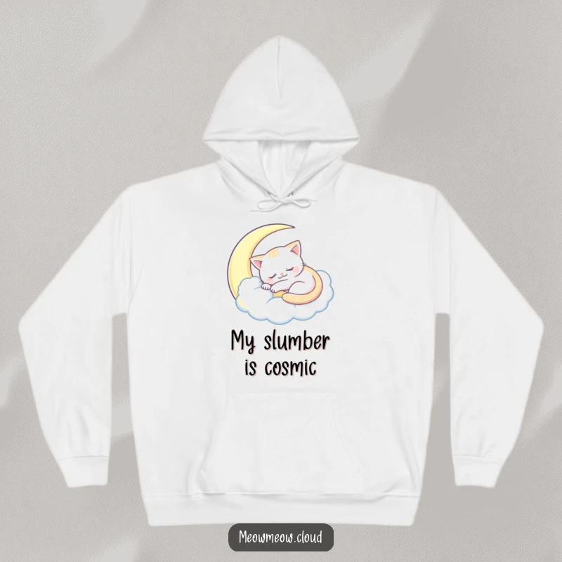 Funny sleepy cat hoodie featuring a cat curled up inside a moon-shaped cloud, perfect for cozying up.