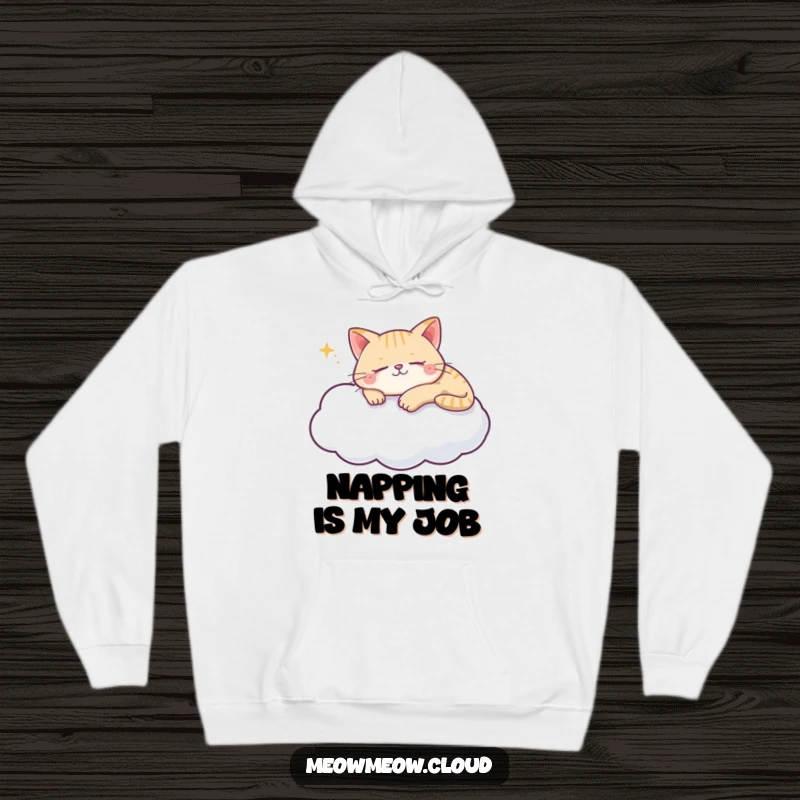 Funny cat cloud hoodie featuring a blissfully sleeping cat on a soft cloud, offering warmth and comfort.