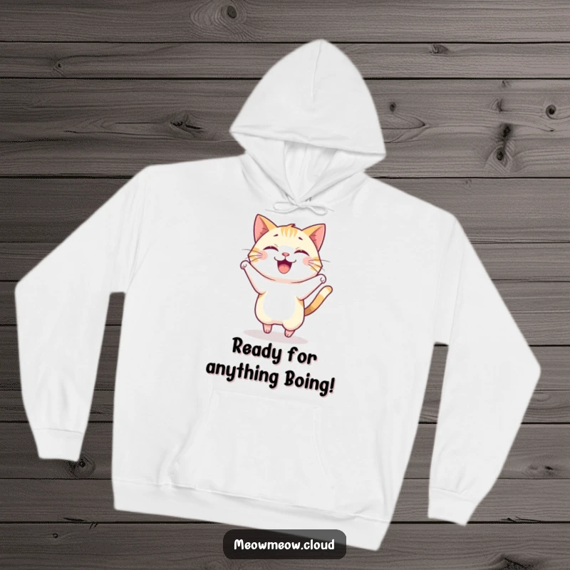Funny hoodie depicting a joyful cat caught in a happy pounce, perfect for comfortable, energetic wear.