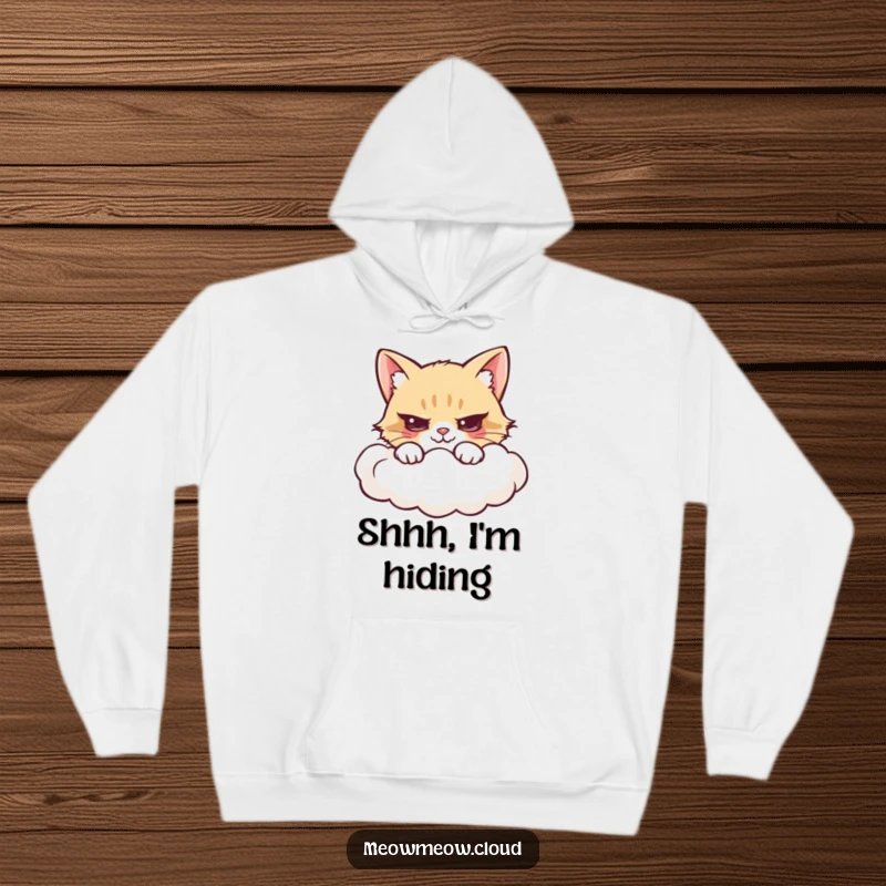 Funny hoodie with a mischievous cartoon cat peeking from behind a fluffy cloud.