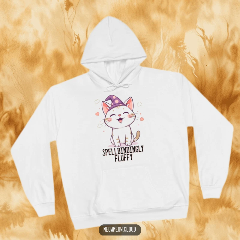 Funny wizard cat hoodie, warm and comfortable apparel featuring a cat wizard casting cloud confetti, magical and humorous design.