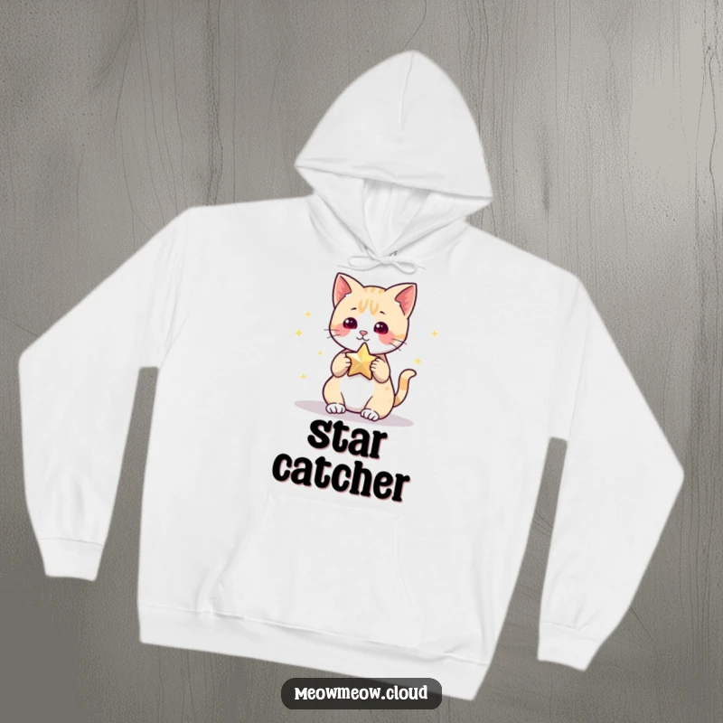 Funny Hoodie showcasing an adorable cat character reaching for a bright, twinkling star, evoking a sense of wonder and playful curiosity.