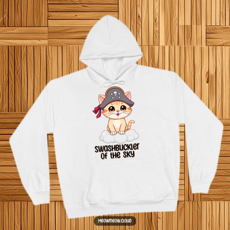 Funny pirate cat hoodie, snuggly feline pirate on a cloud island, warm and humorous apparel for cozy, adventurous souls.