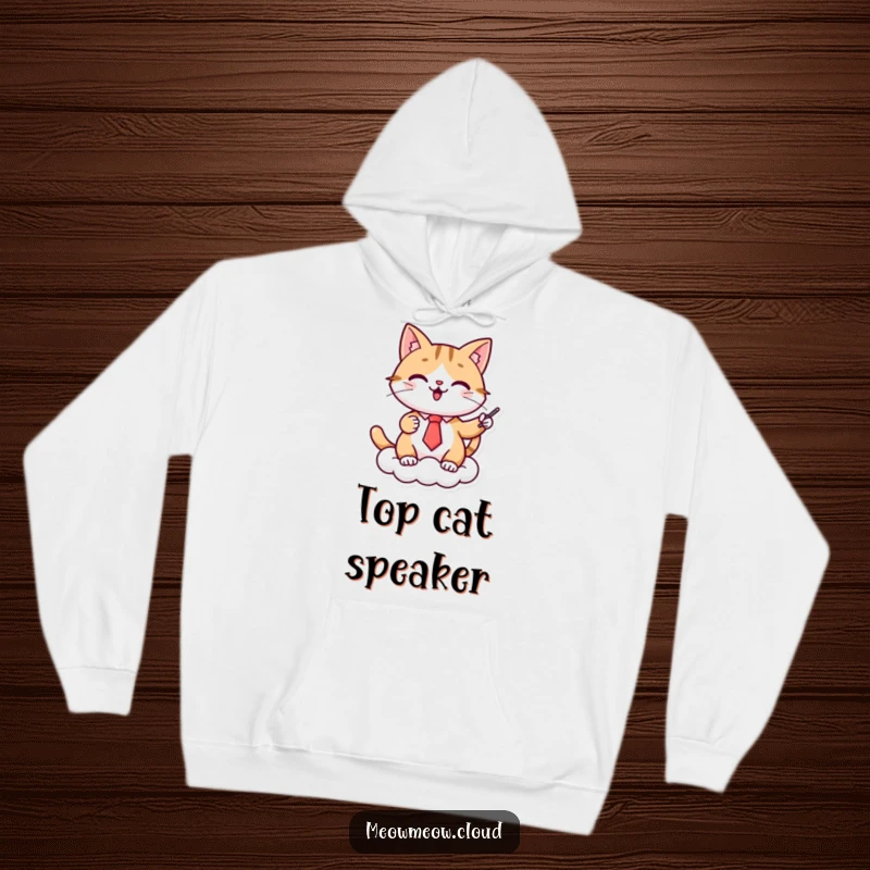 Funny cat presenter hoodie, a cheerful cat in a tie gives a presentation on a cloud, ideal for cozy and eloquent wear.
