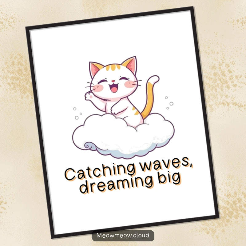 Funny Free Printable Wall Art: A joyful cat gracefully surfs on a gentle cloud, like riding a perfect wave.