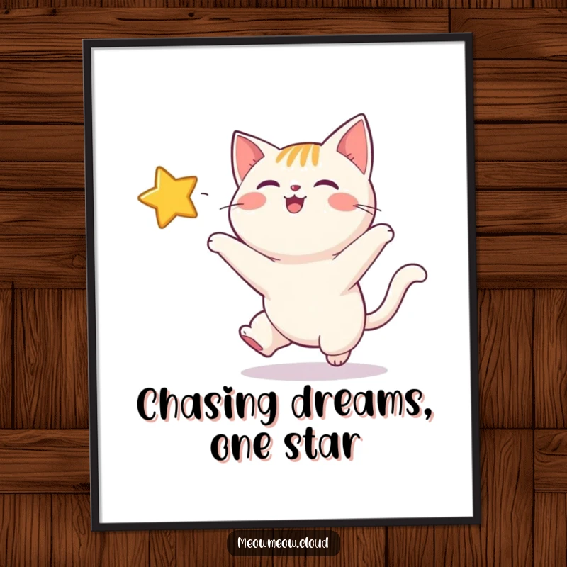 Funny Free Printable Wall Art: A joyful cartoon cat leaping high to catch a large, twinkling star, capturing ambition and fun.