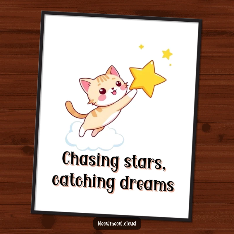 Funny Free Printable Wall Art: A happy cat joyfully chases a twinkling star across a soft, cloud-filled sky.