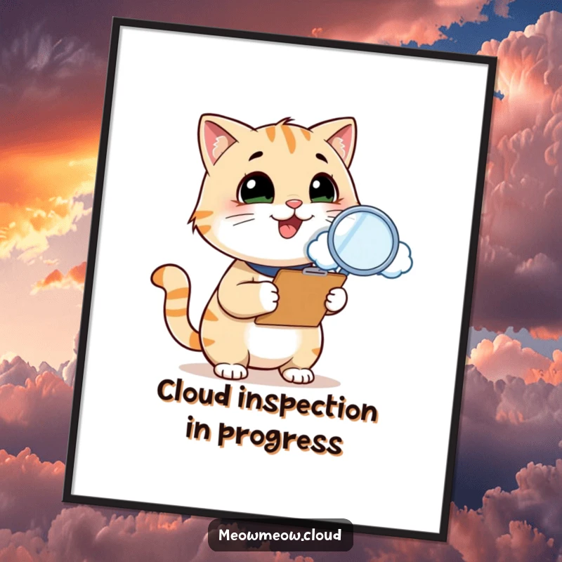 Funny Free Printable Wall Art: Smiling cat with clipboard and magnifying glass intently inspects a fluffy cloud.