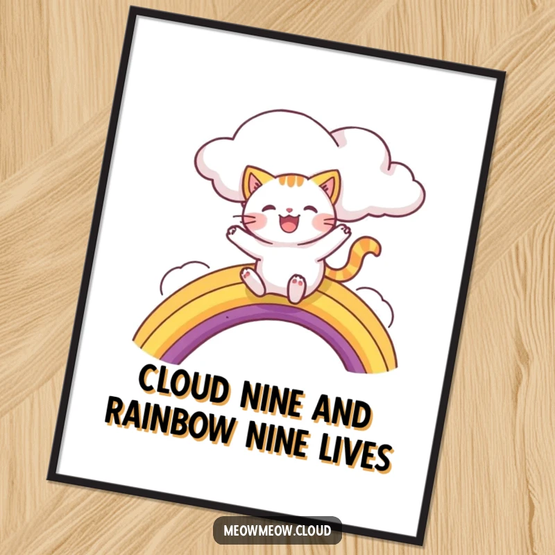 Funny Free Printable Wall Art depicting a cat character sliding down a vibrant rainbow from a whimsical cloud.