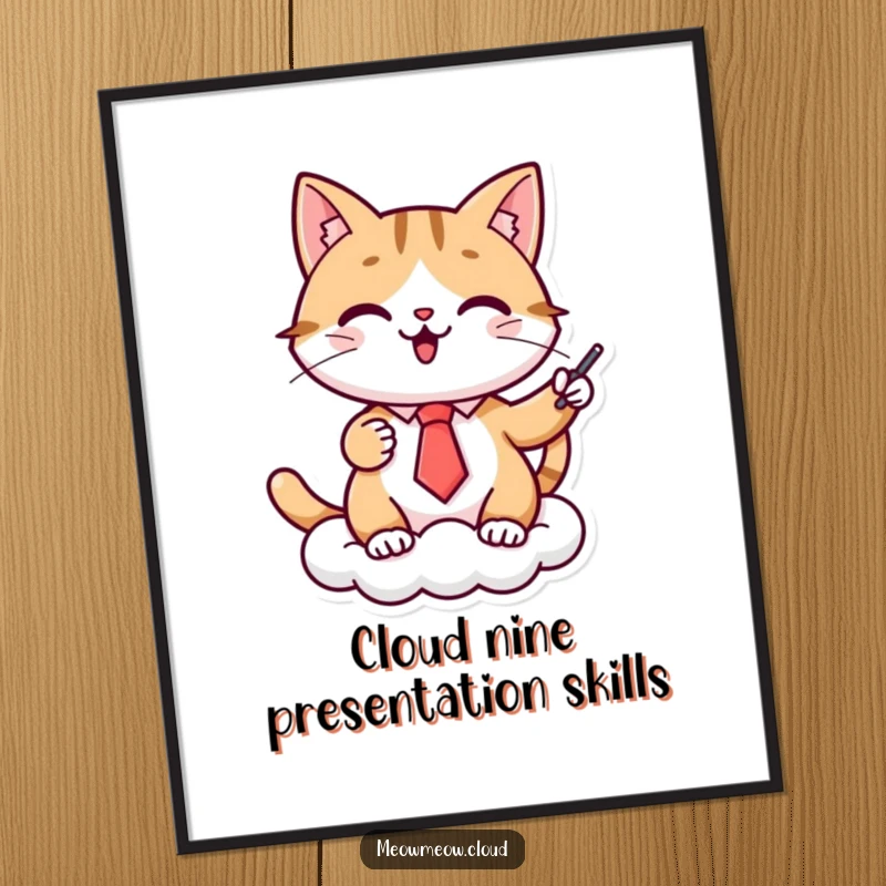 Funny Free Printable Wall Art: Cheerful cat in a tiny tie gives a professional presentation atop a fluffy cloud.