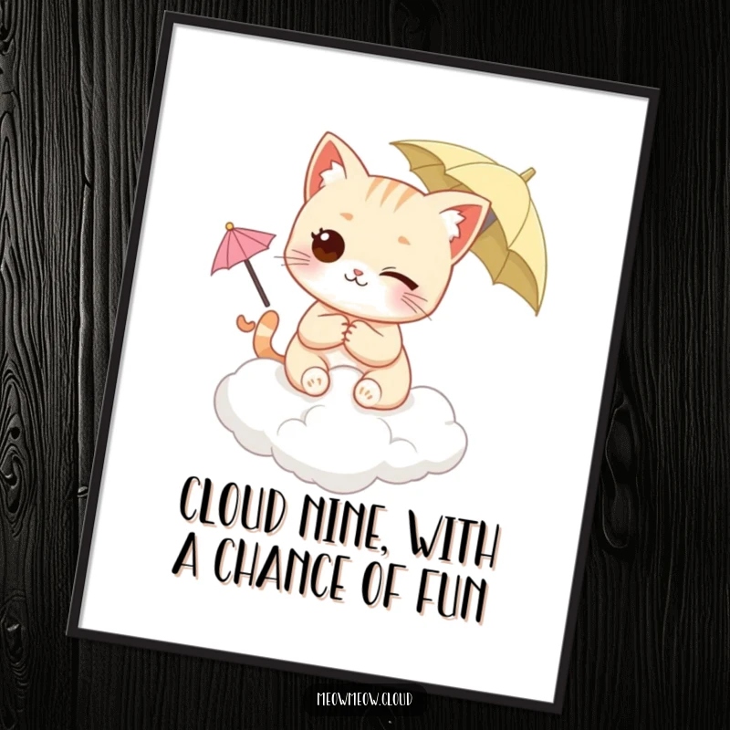 Funny free printable wall art: a winking cat holding an umbrella, sitting stylishly on a fluffy cloud.