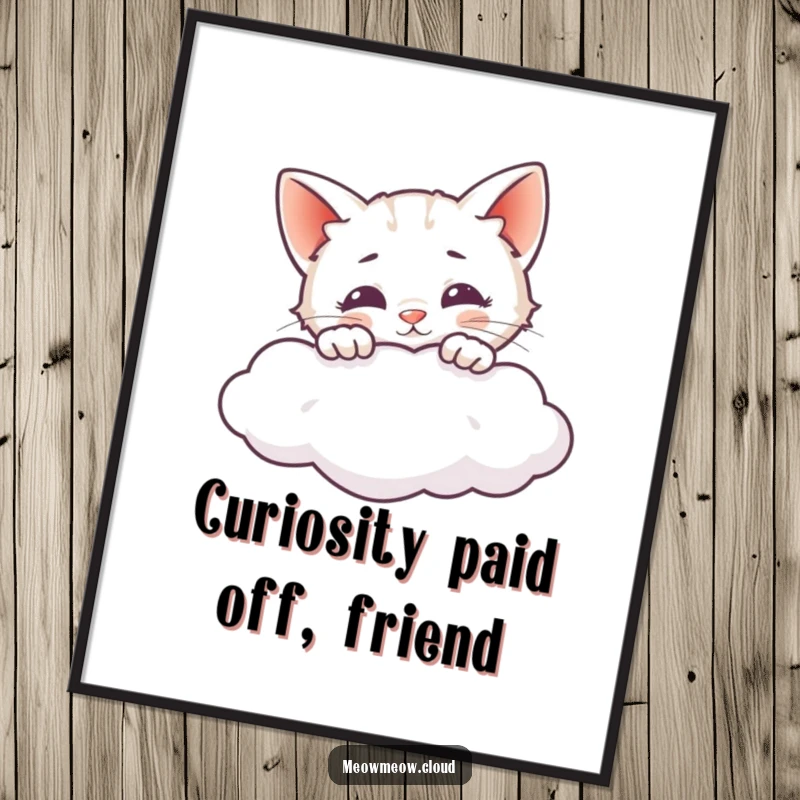 Funny free printable wall art: A curious cat playfully peeks over the edge of a fluffy cloud, adding whimsy to walls.