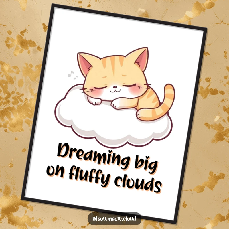 Funny Free Printable Wall Art: A grinning cat sleeps soundly on a soft, puffy cloud, bringing peace and charm.
