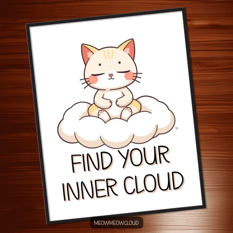 Funny Free Printable Wall Art depicting a cat in a state of perfect zen meditation on a cloud.
