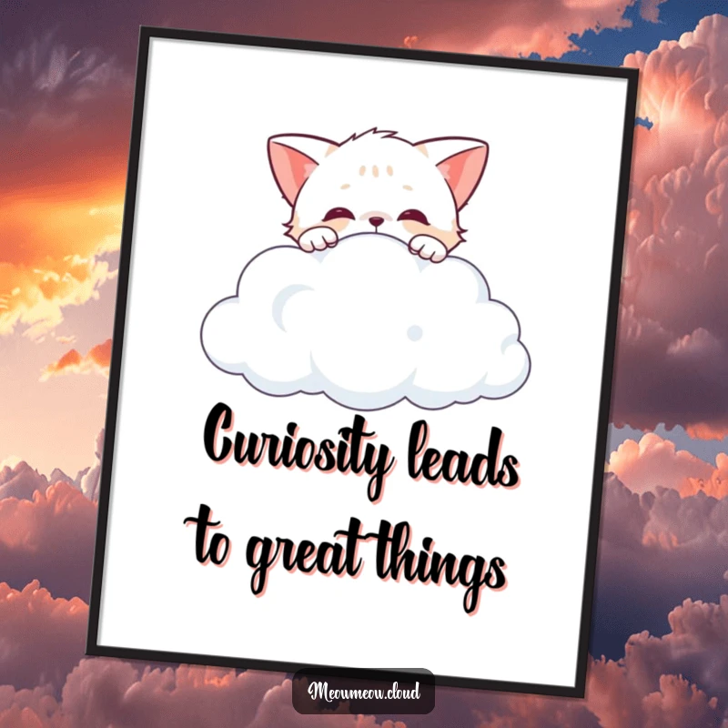 Funny Free Printable Wall Art: A curious cat peeks over the fluffy edge of a cloud, inviting wonder.