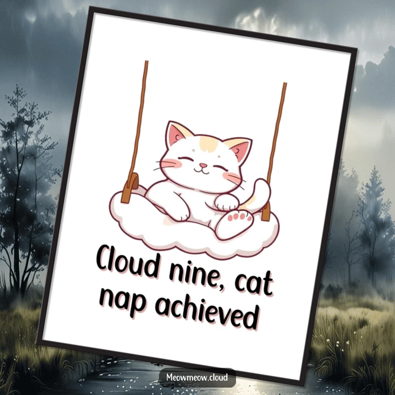 Funny Free Printable Relaxed Cat Printable Wall Art, a cat blissfully lounging on a cloud swing, embodying ultimate comfort and peace.