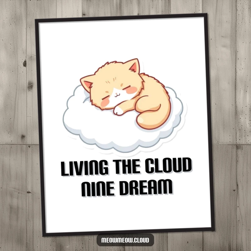 Funny free printable wall art: A fluffy cat sleeps soundly on a soft cloud, creating a serene and whimsical decor piece.