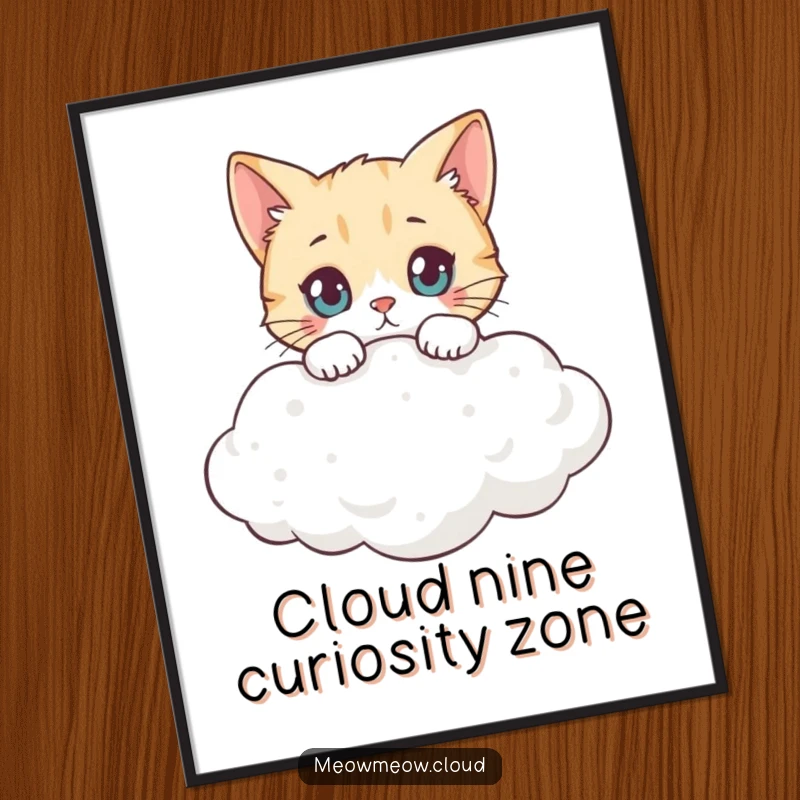 Funny Free Printable Wall Art: A curious cat is captured mid-peek over the edge of a soft, fluffy cloud.