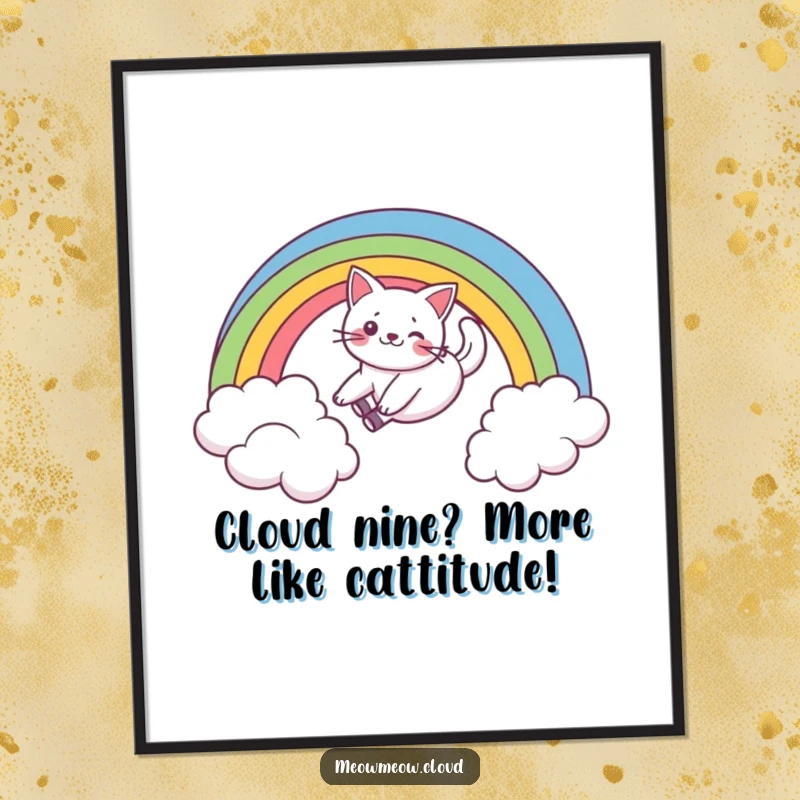 Funny Free Printable Wall Art: A playful cat gleefully slides down a vibrant rainbow arching over a soft cloud.
