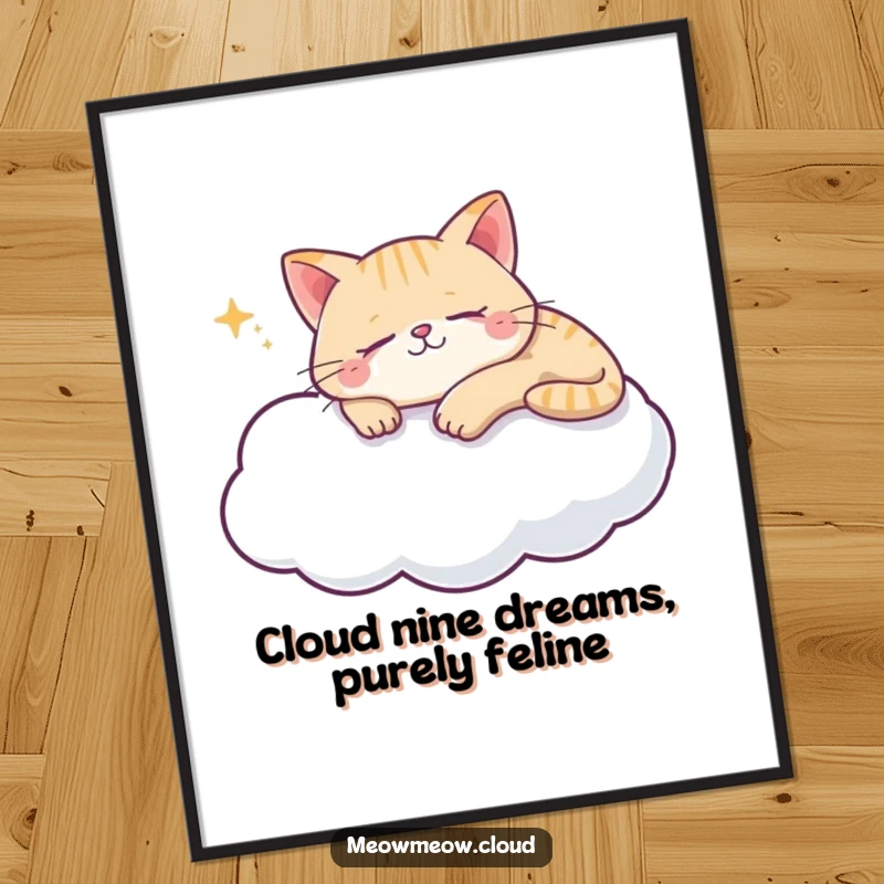 Funny Free Printable Wall Art: Content cat sleeping soundly on a fluffy cloud, radiating peaceful, cozy vibes.
