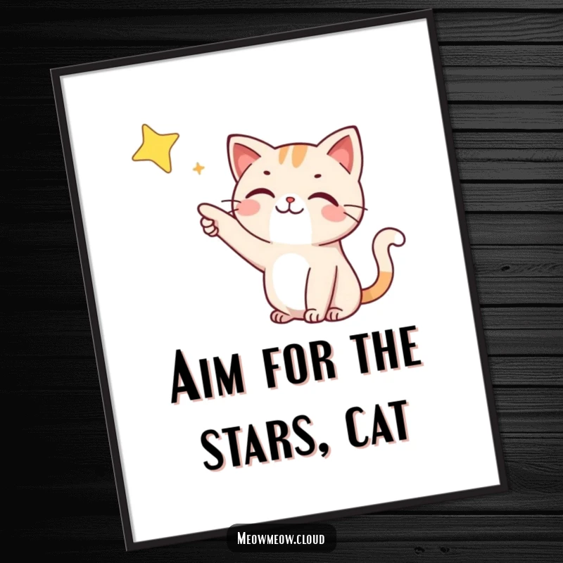 Funny Free Printable Wall Art: A happy cat points up at a distant twinkling star, embodying dreams and aspiration.