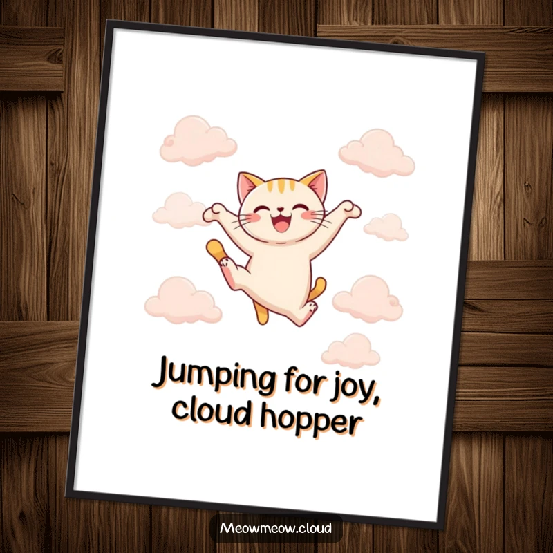 Funny Free Printable Wall Art: A cat is captured mid-graceful leap, soaring between fluffy clouds.