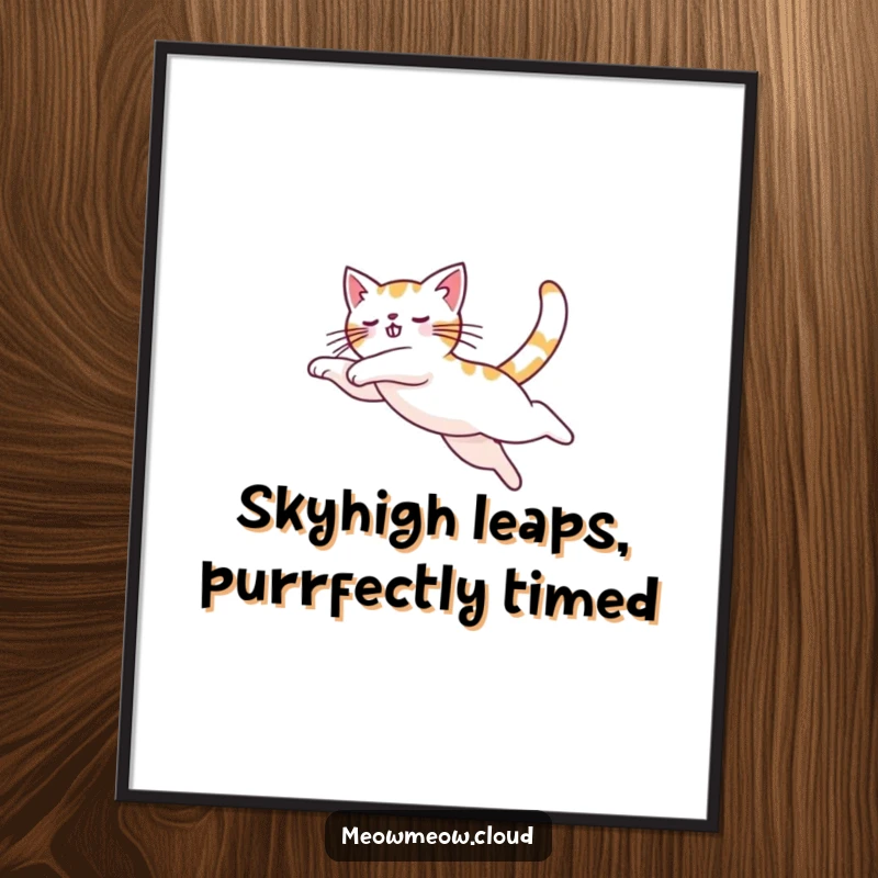 Funny Free Printable Wall Art of a cat performing a graceful arc in the sky, adding a touch of playful energy.