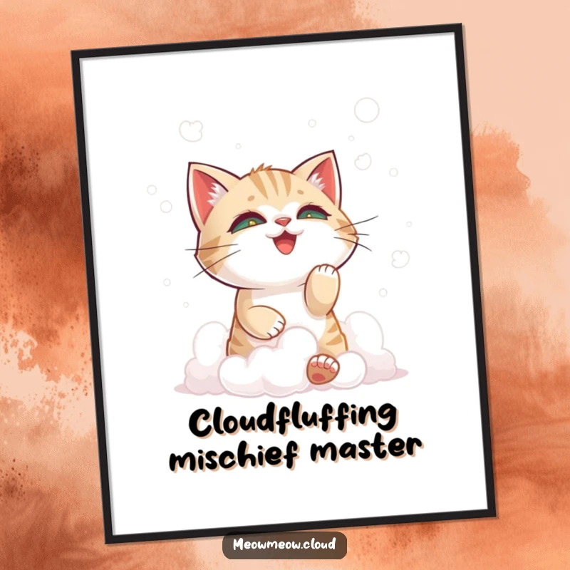 Funny Free Printable Wall Art of a mischievous cat playfully interacting with soft cloud wisps, adding whimsy and humor.