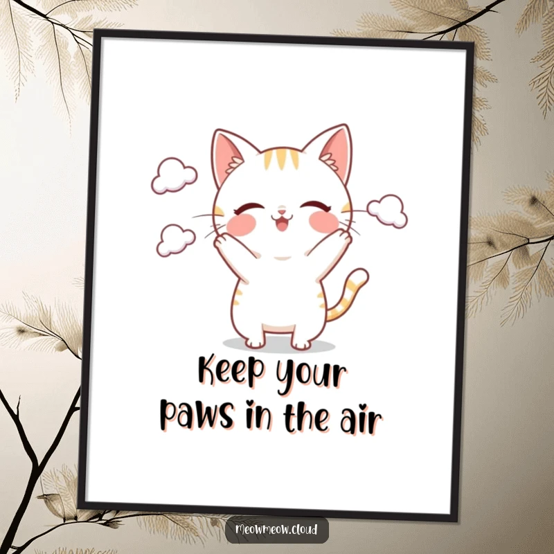 Funny Free Printable Wall Art: Playful cat with a mischievous grin juggling fluffy white clouds, charming downloadable art.