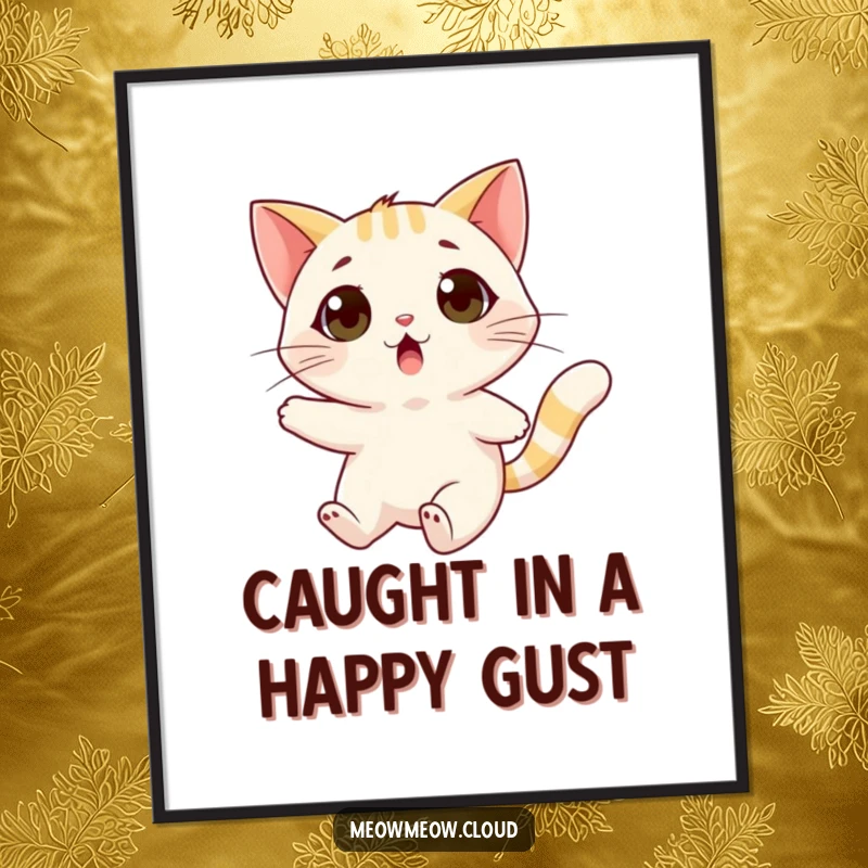 Funny Free Printable Wall Art capturing a cat's surprised expression as it's carried aloft by a gentle wind.