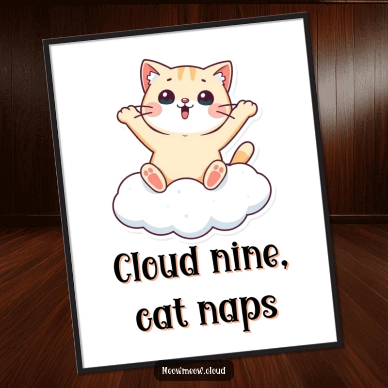 Funny free printable wall art of a surprised cat character joyfully making a snow angel on a soft, fluffy cloud.