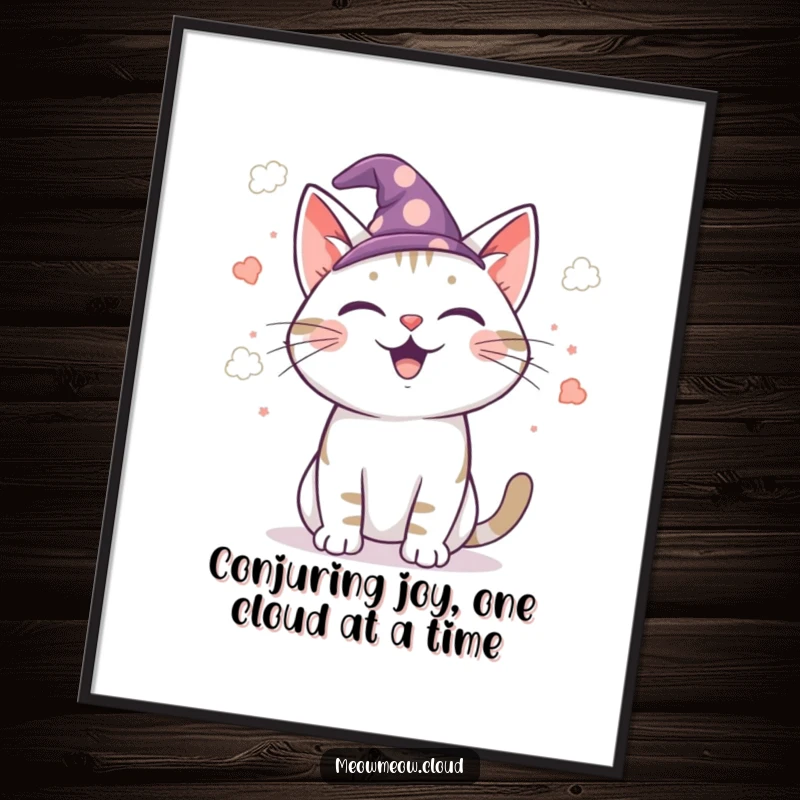 Funny Free Printable Wizard Cat Wall Art: Joyful cat in a wizard hat casting colorful cloud confetti.