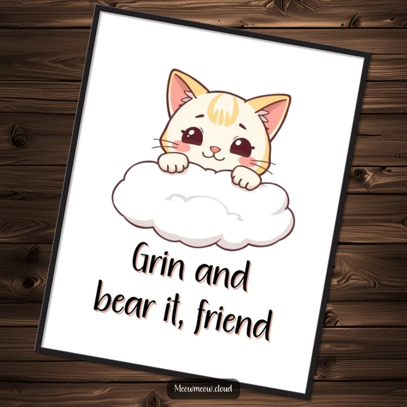 Funny Free Printable Wall Art: A cheeky cat with a big grin peeks over a soft, fluffy cloud.