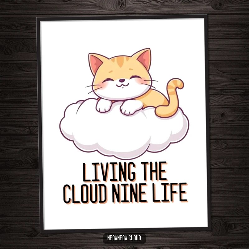 Funny Free Printable Wall Art: A happy cat peacefully lounging on a fluffy white cloud, bringing serene charm.