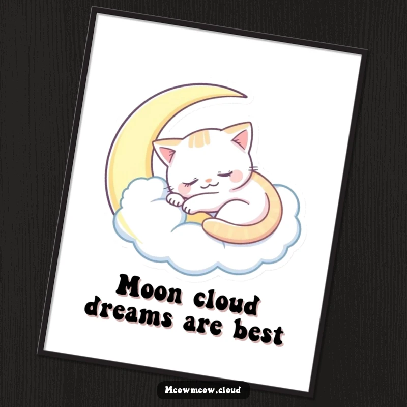Funny Free Printable Wall Art of a content, sleepy cat curled up inside a soft, crescent moon-shaped cloud.