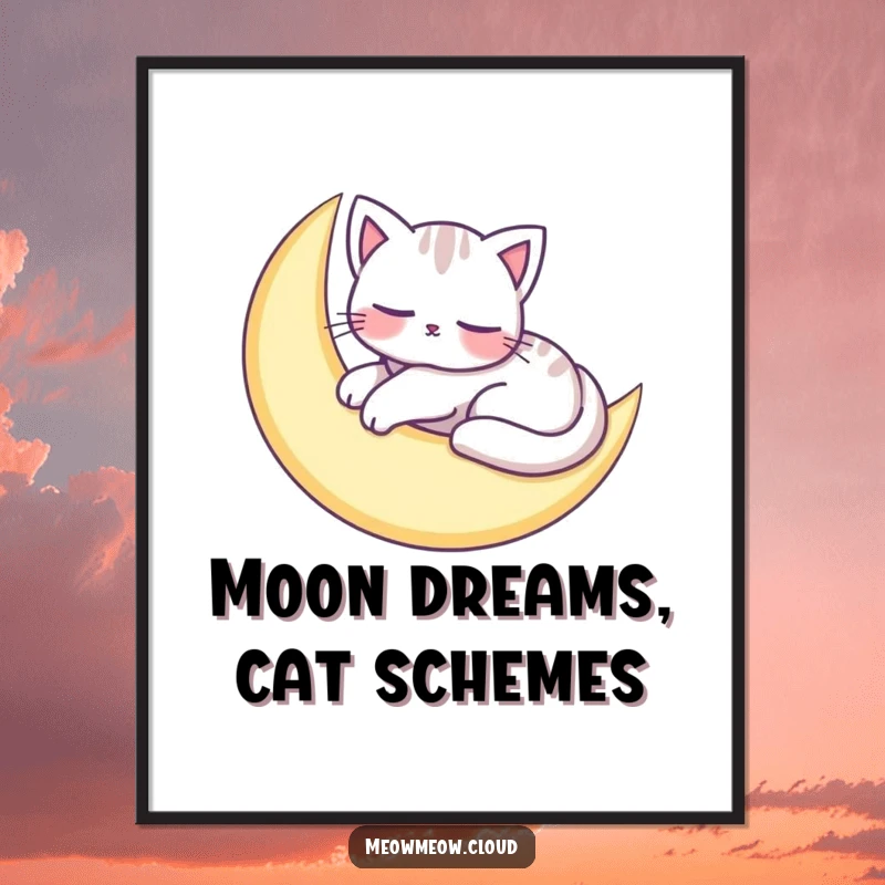Free Printable Wall Art: An adorable cat napping peacefully on a glowing crescent moon, magical illustration