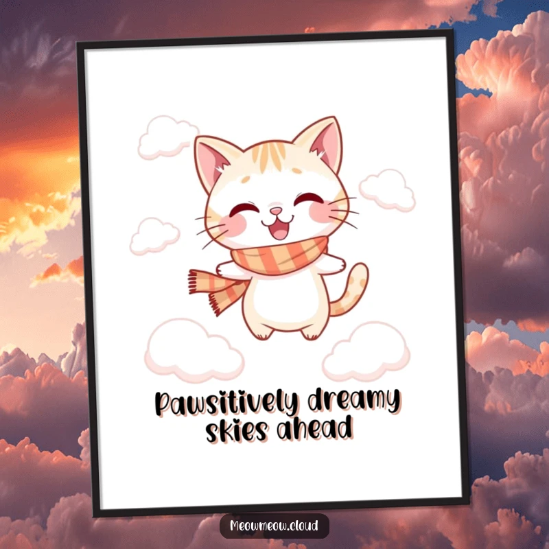 Funny Free Printable Wall Art: Playful cat wearing a scarf, joyfully jumping between soft, fluffy clouds.