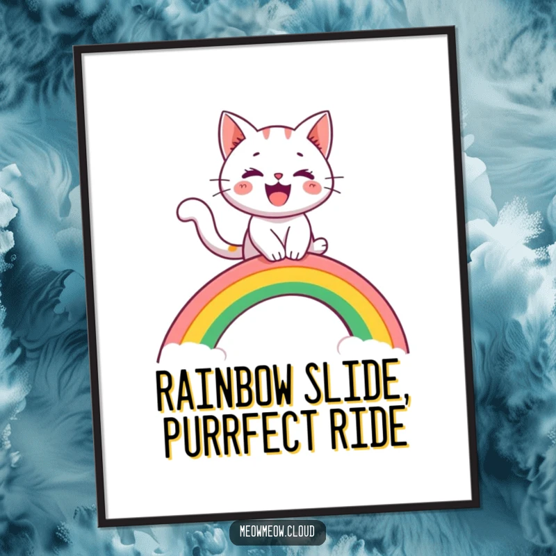 Free Printable Wall Art: A cheerful cat joyfully riding a rainbow arch like a slide, whimsical digital art